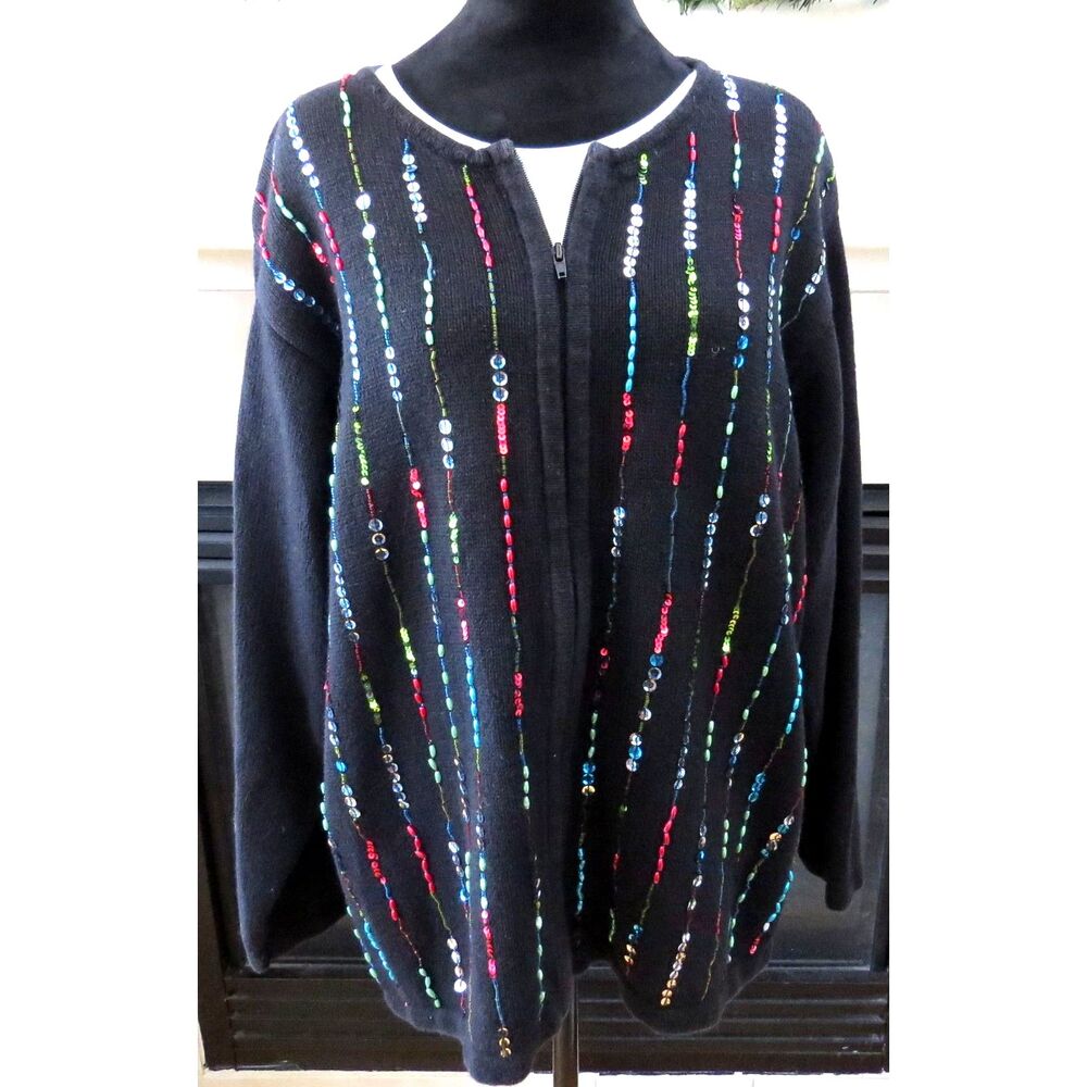 Dress Barn Woman Vintage  Embellished Full Zip Cardigan Sweater 18/20 EUC